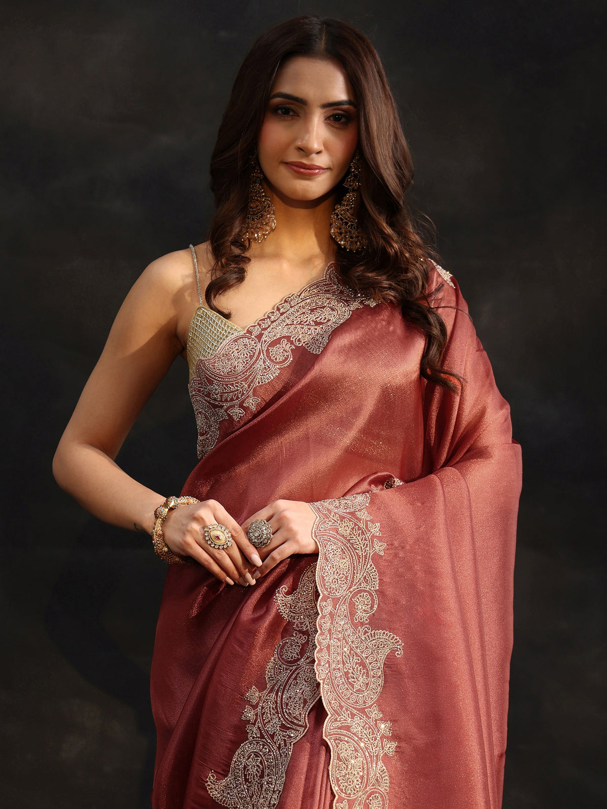 Anouk Art Dusty Rose Pink Net Saree with Paisley Border
