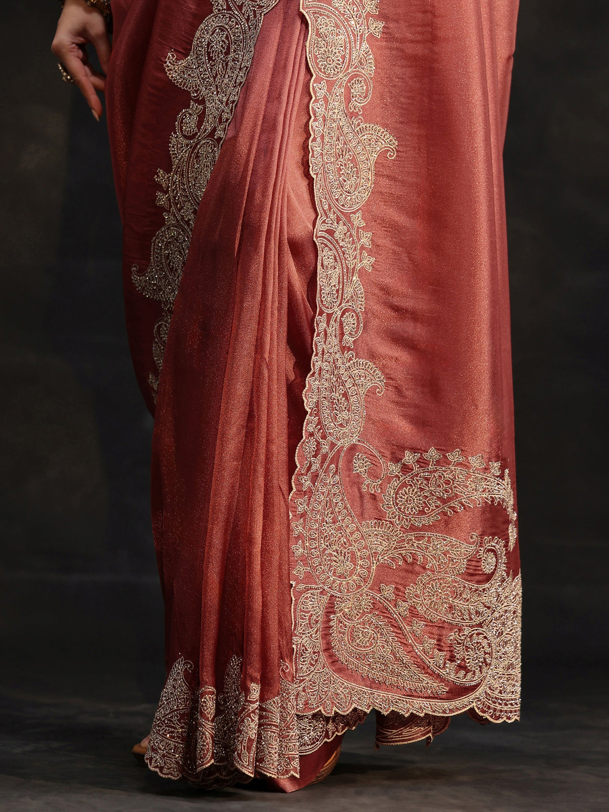 Anouk Art Dusty Rose Pink Net Saree with Paisley Border