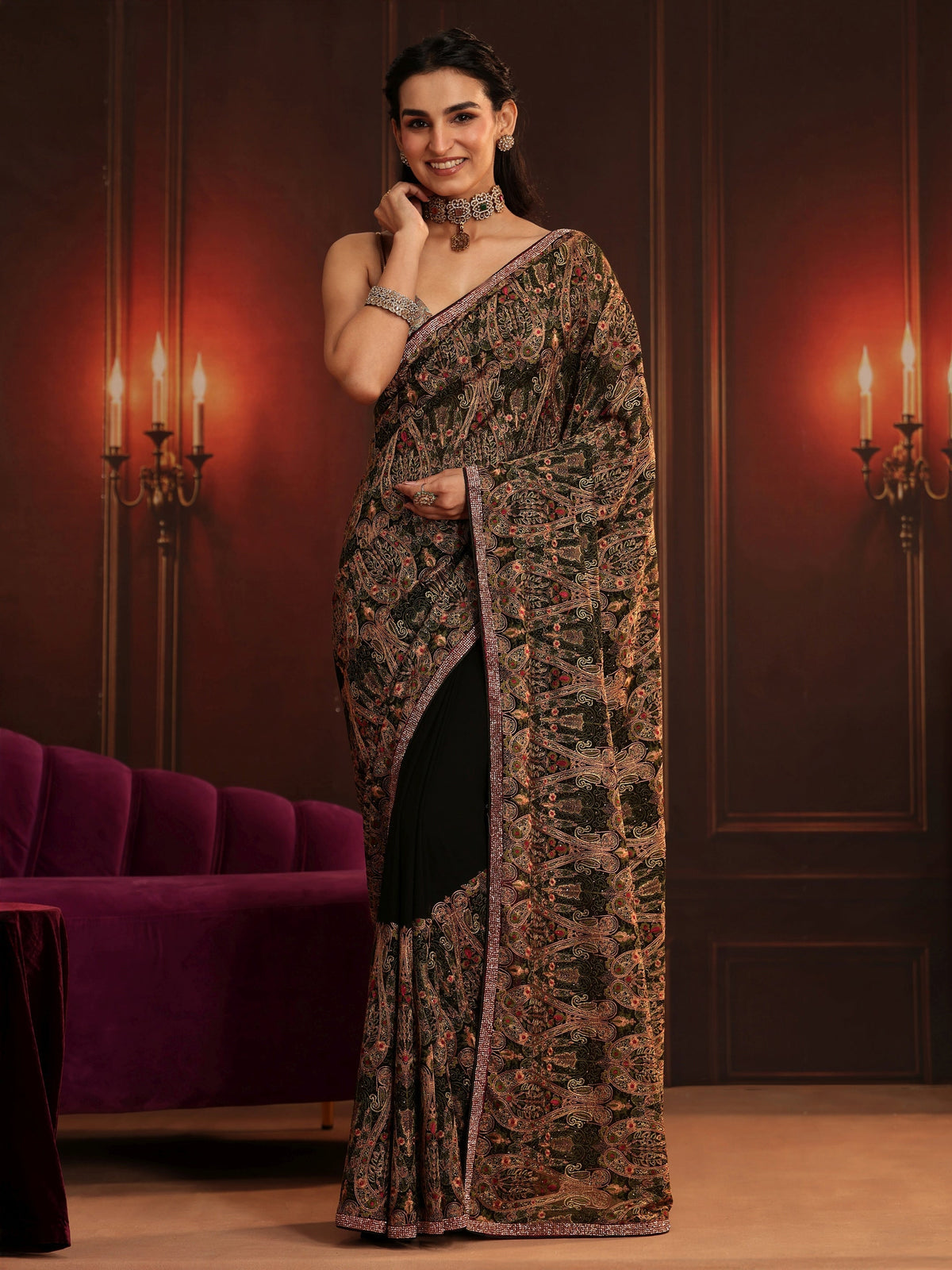 Anouk Art Black Paisley Embellished Georgette Saree