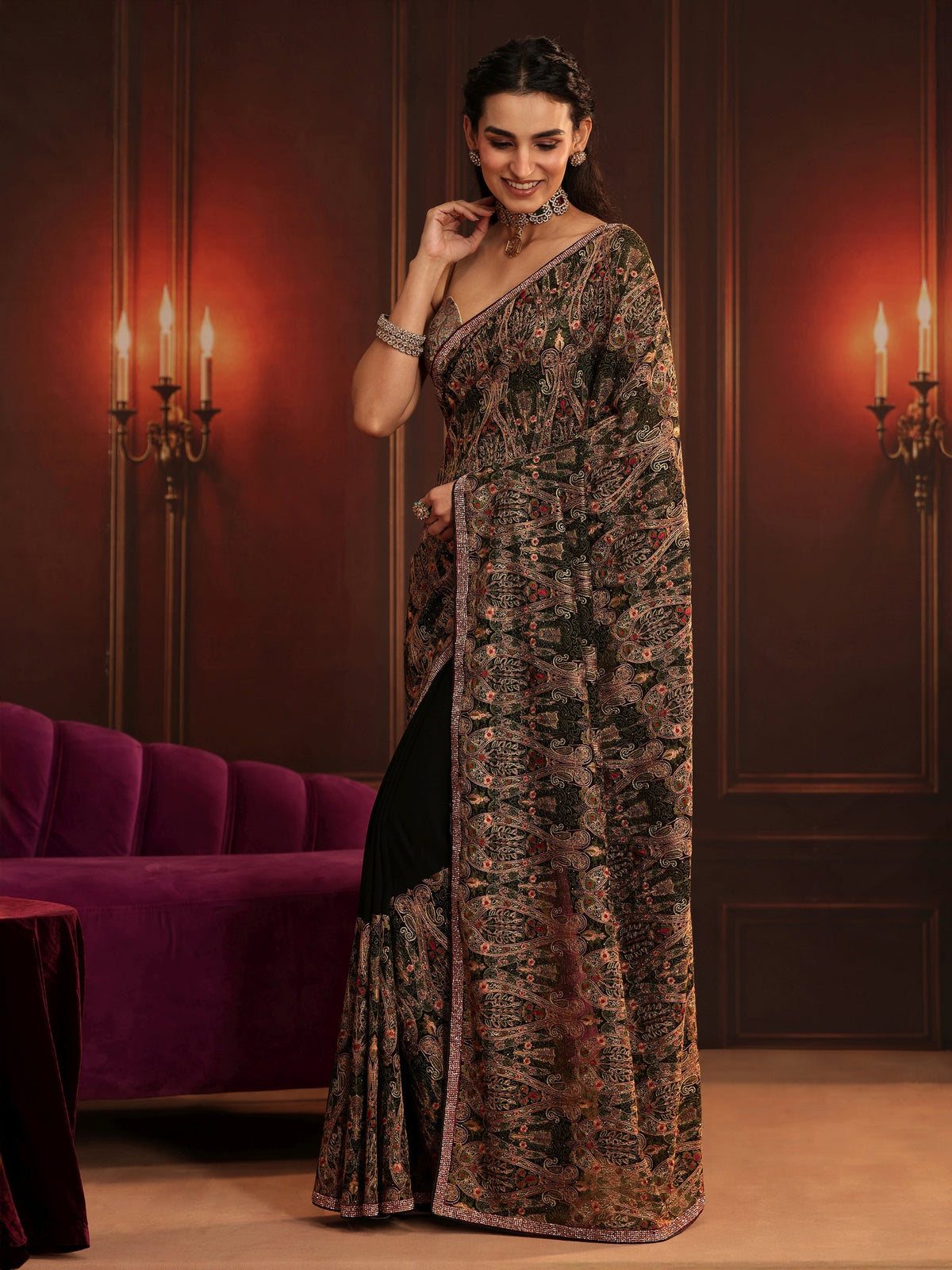 Anouk Art Black Paisley Embellished Georgette Saree
