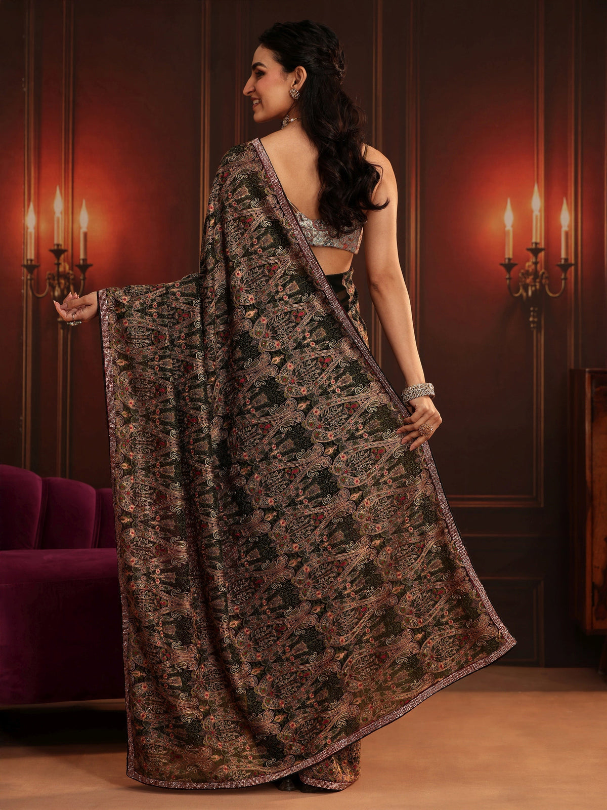 Anouk Art Black Paisley Embellished Georgette Saree