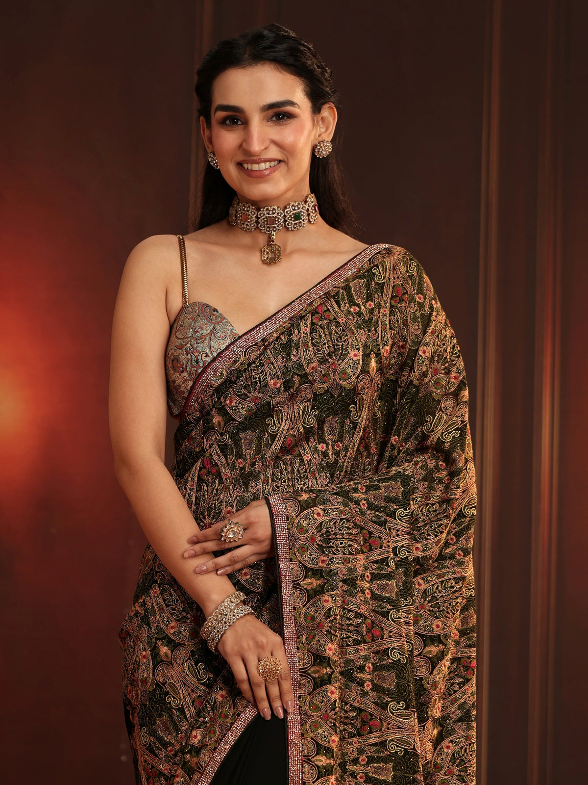 Anouk Art Black Paisley Embellished Georgette Saree
