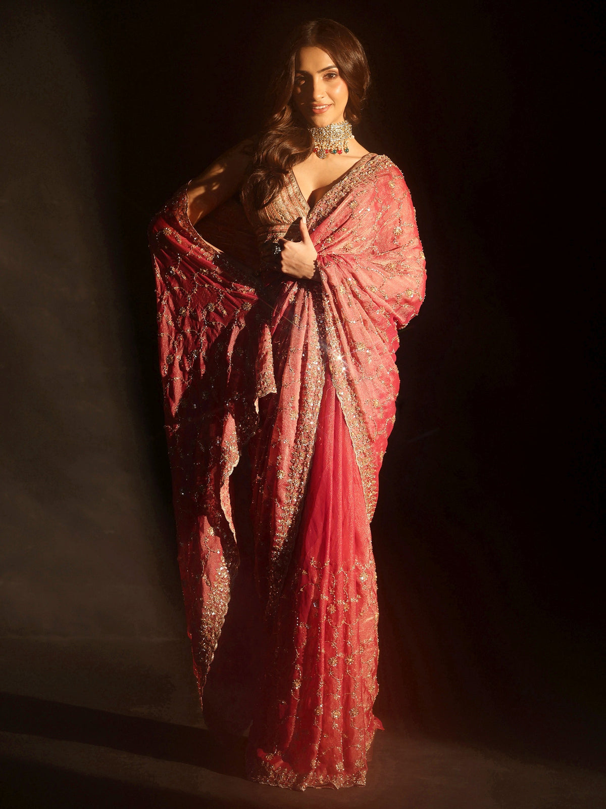 Anouk Art Rose Pink Sequins Embellished Tissue Saree