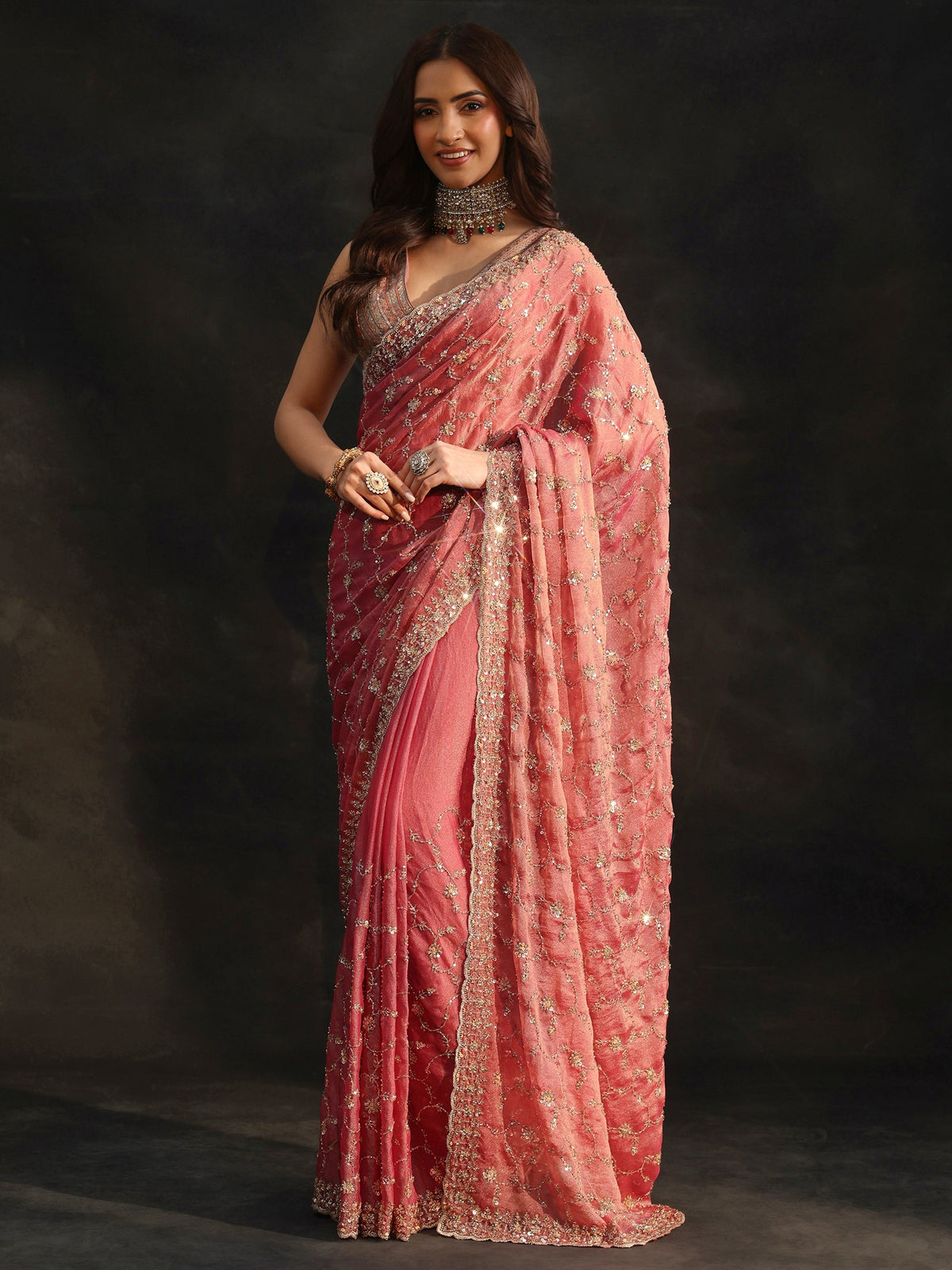Anouk Art Rose Pink Sequins Embellished Tissue Saree