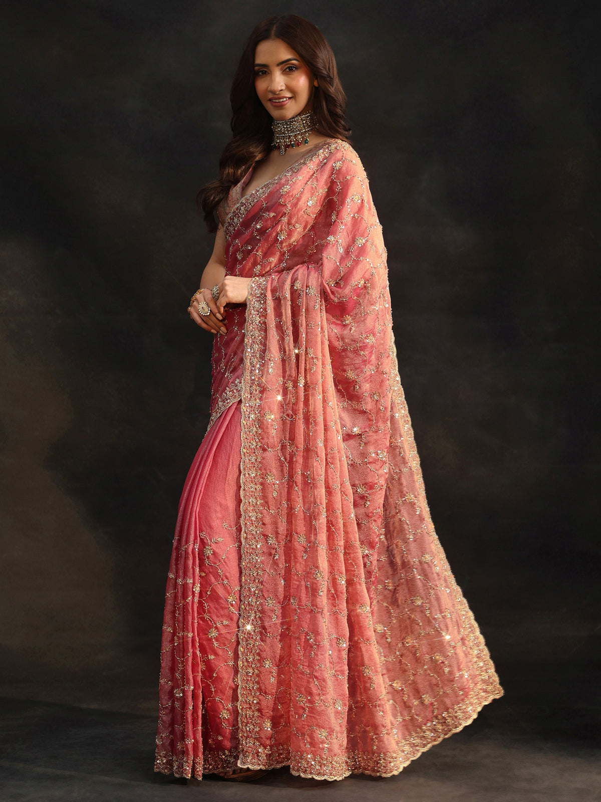Anouk Art Rose Pink Sequins Embellished Tissue Saree