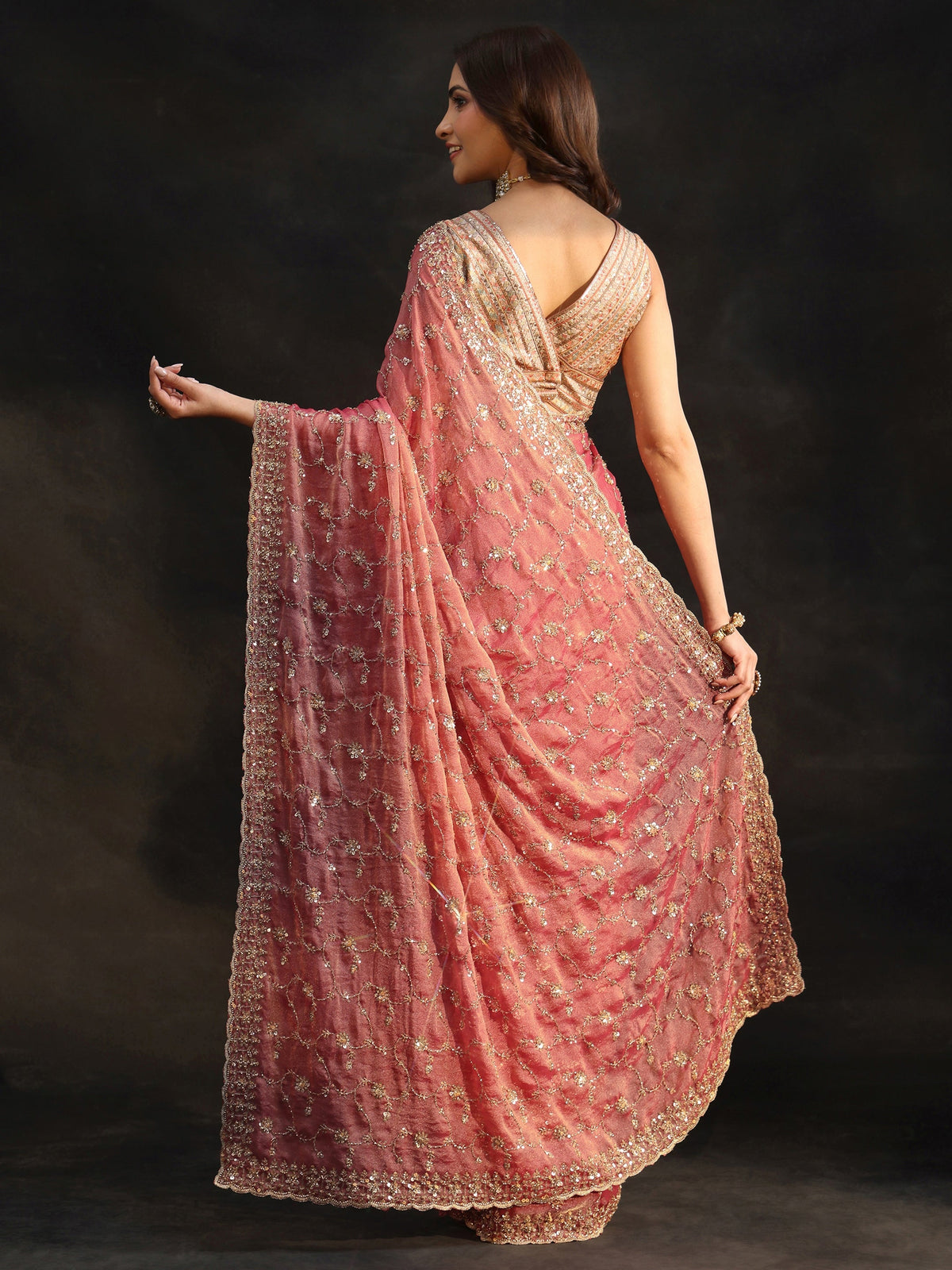 Anouk Art Rose Pink Sequins Embellished Tissue Saree