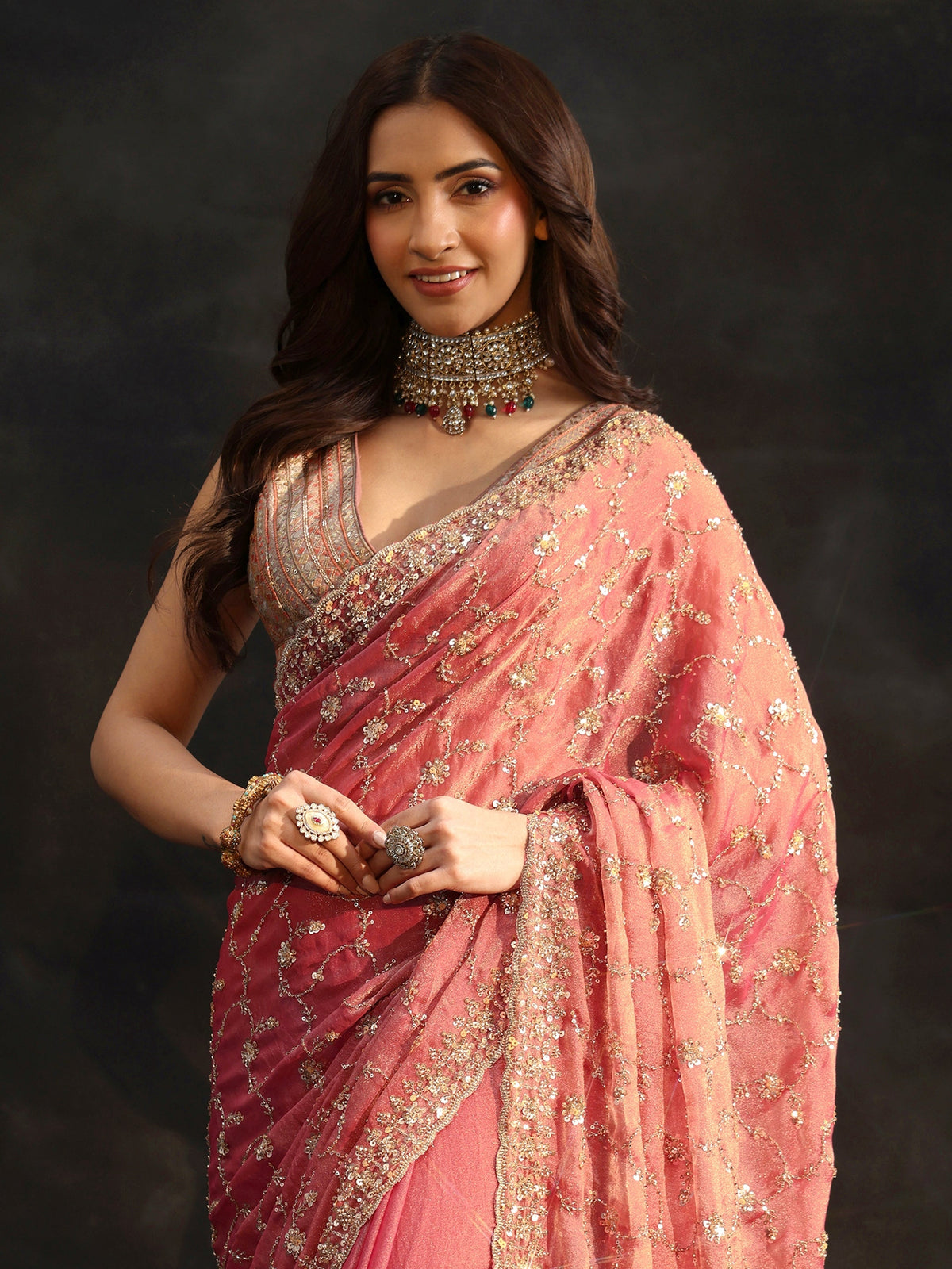 Anouk Art Rose Pink Sequins Embellished Tissue Saree