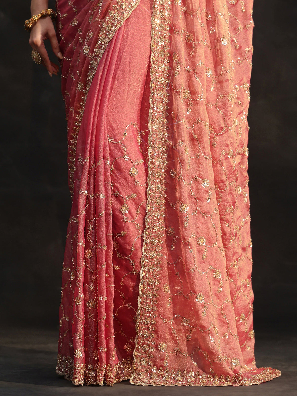 Anouk Art Rose Pink Sequins Embellished Tissue Saree