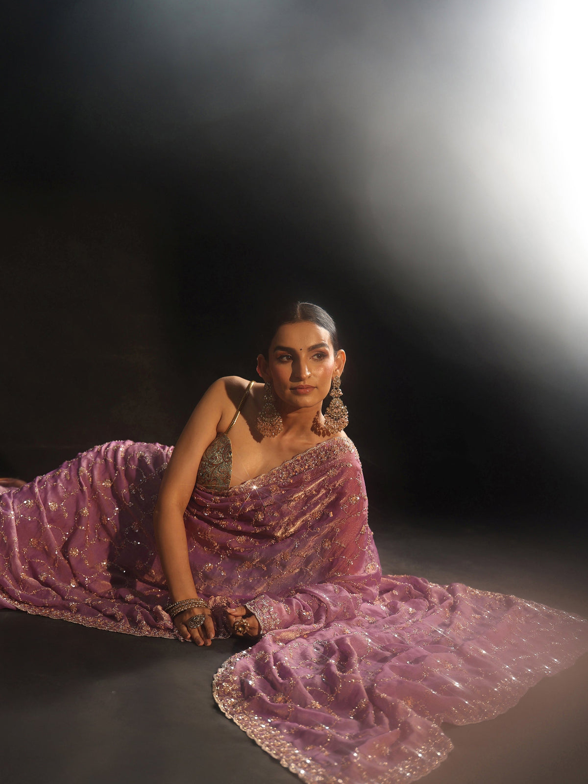 Anouk Art Dusty Lavender Sequins Embellished Tissue Saree