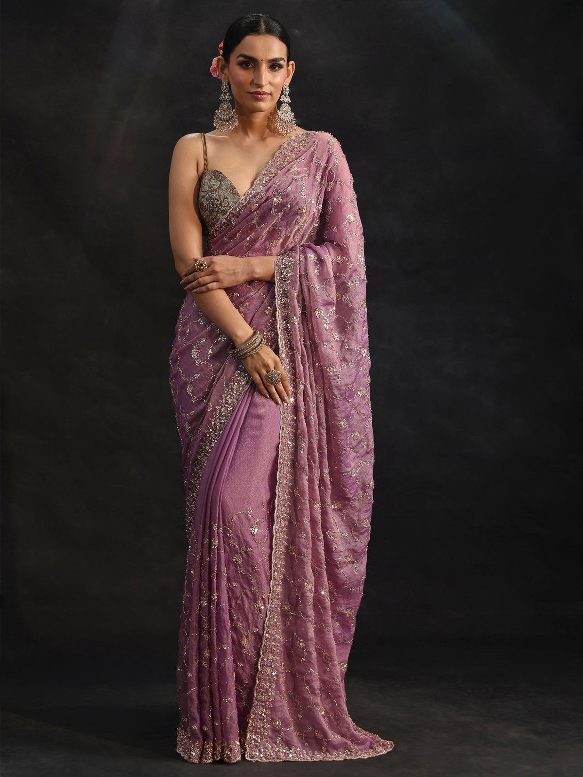 Anouk Art Dusty Lavender Sequins Embellished Tissue Saree