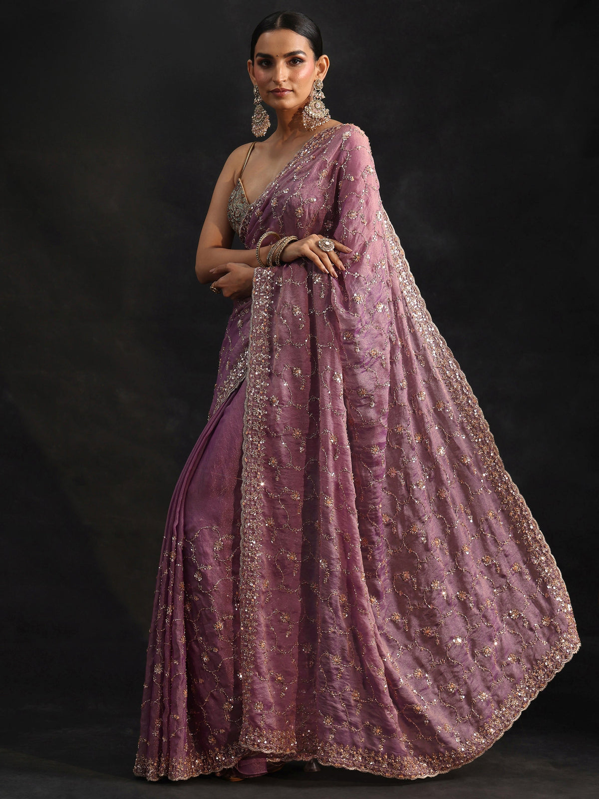 Anouk Art Dusty Lavender Sequins Embellished Tissue Saree