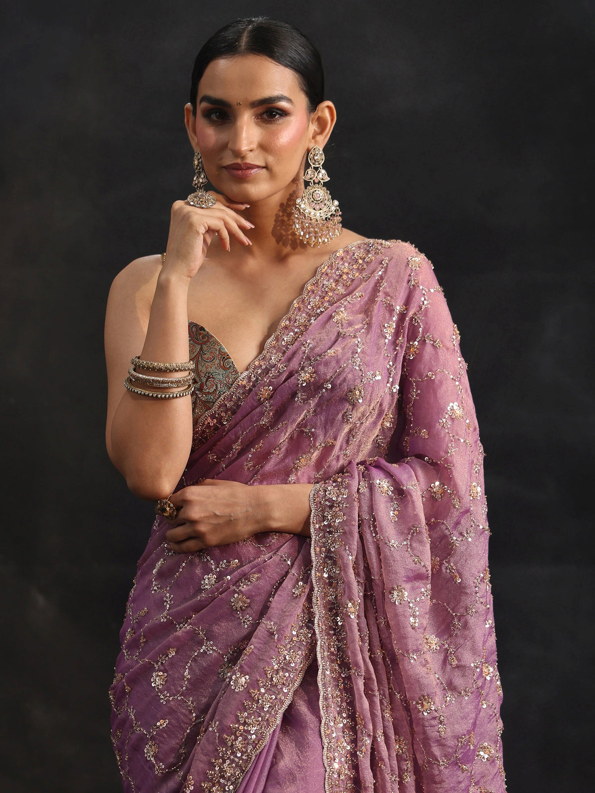 Anouk Art Dusty Lavender Sequins Embellished Tissue Saree