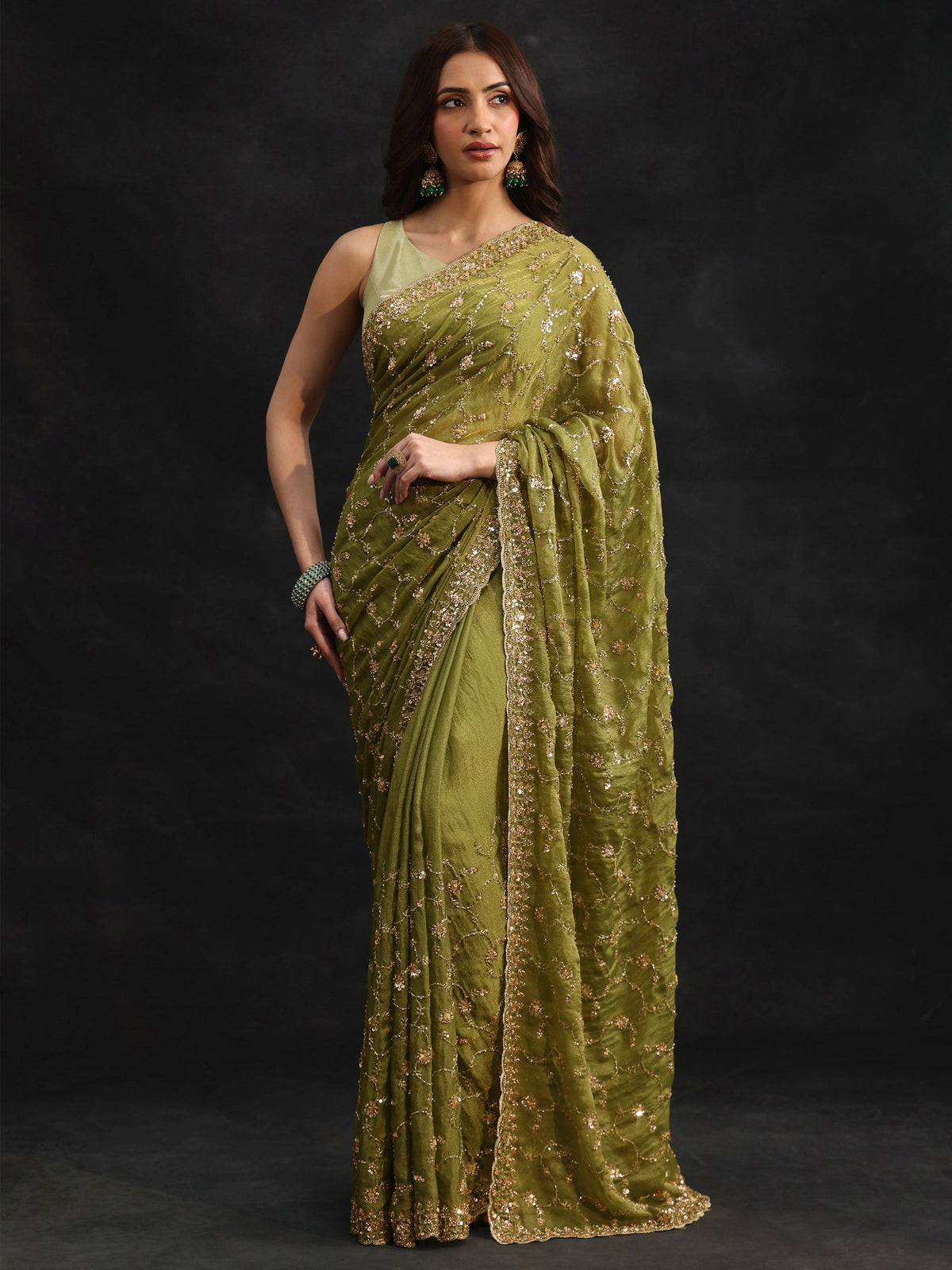 Anouk Art Olive Green Sequins Embellished Tissue Saree