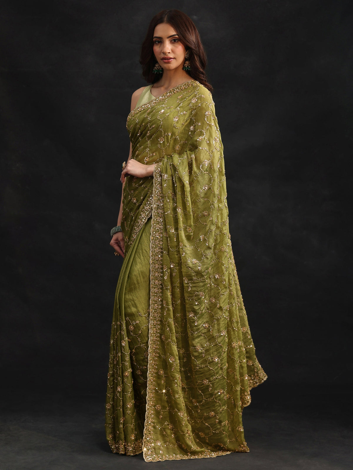 Anouk Art Olive Green Sequins Embellished Tissue Saree