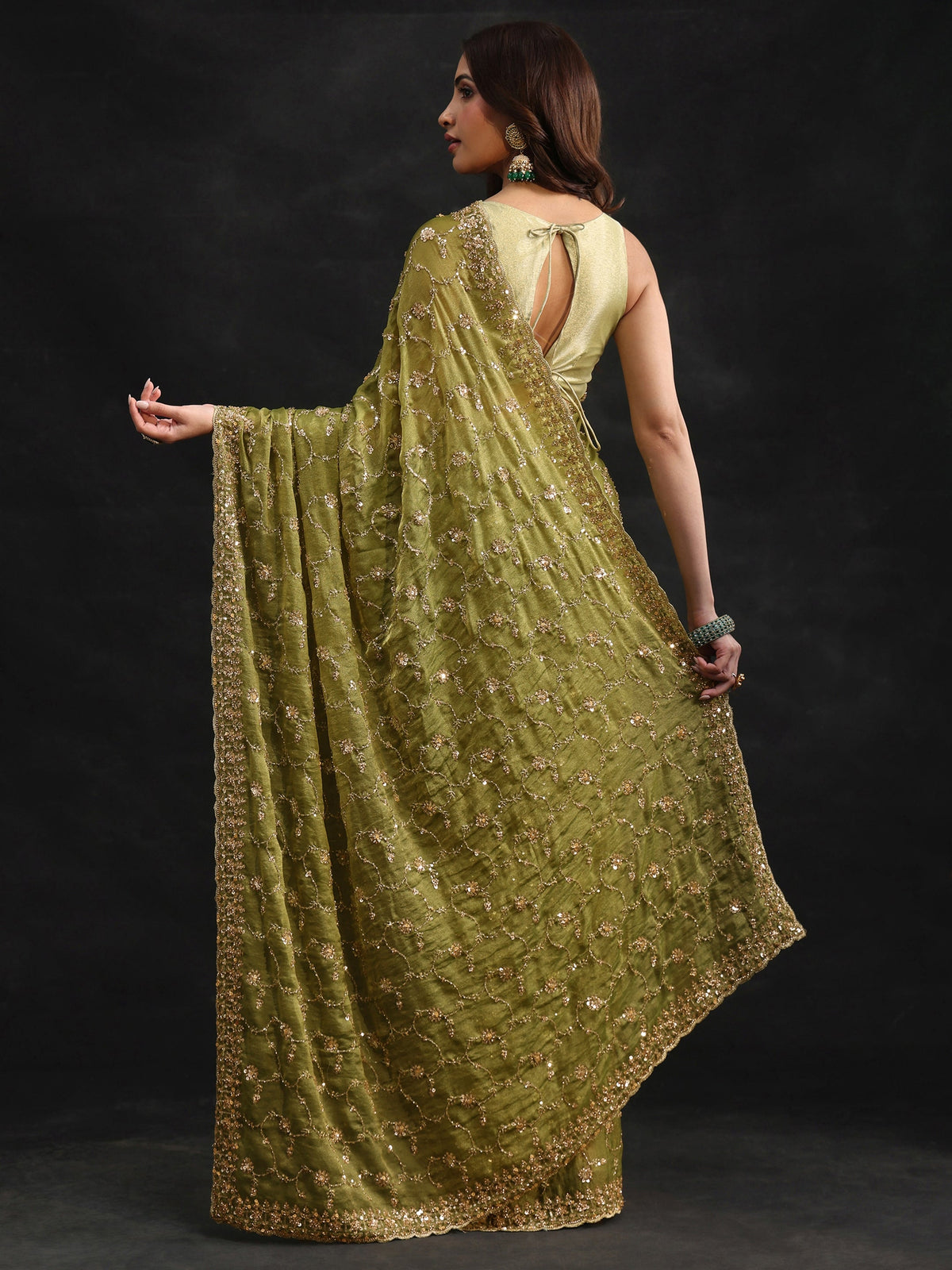 Anouk Art Olive Green Sequins Embellished Tissue Saree