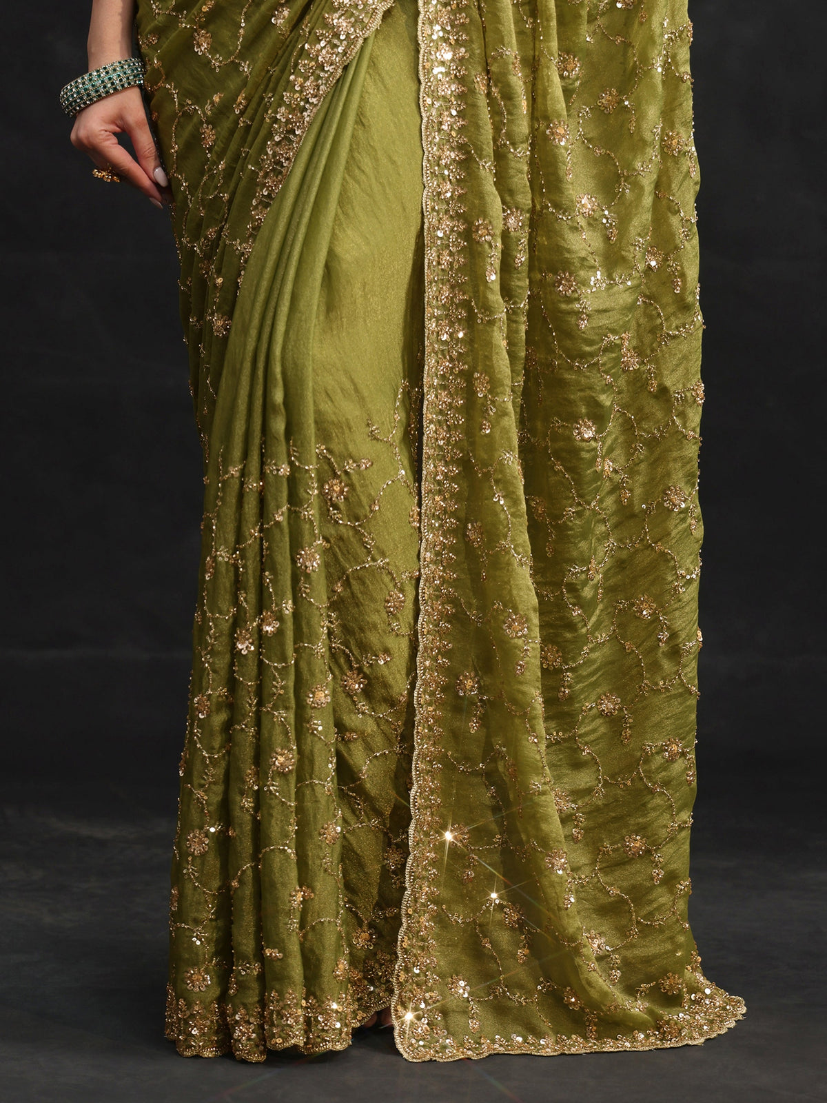 Anouk Art Olive Green Sequins Embellished Tissue Saree