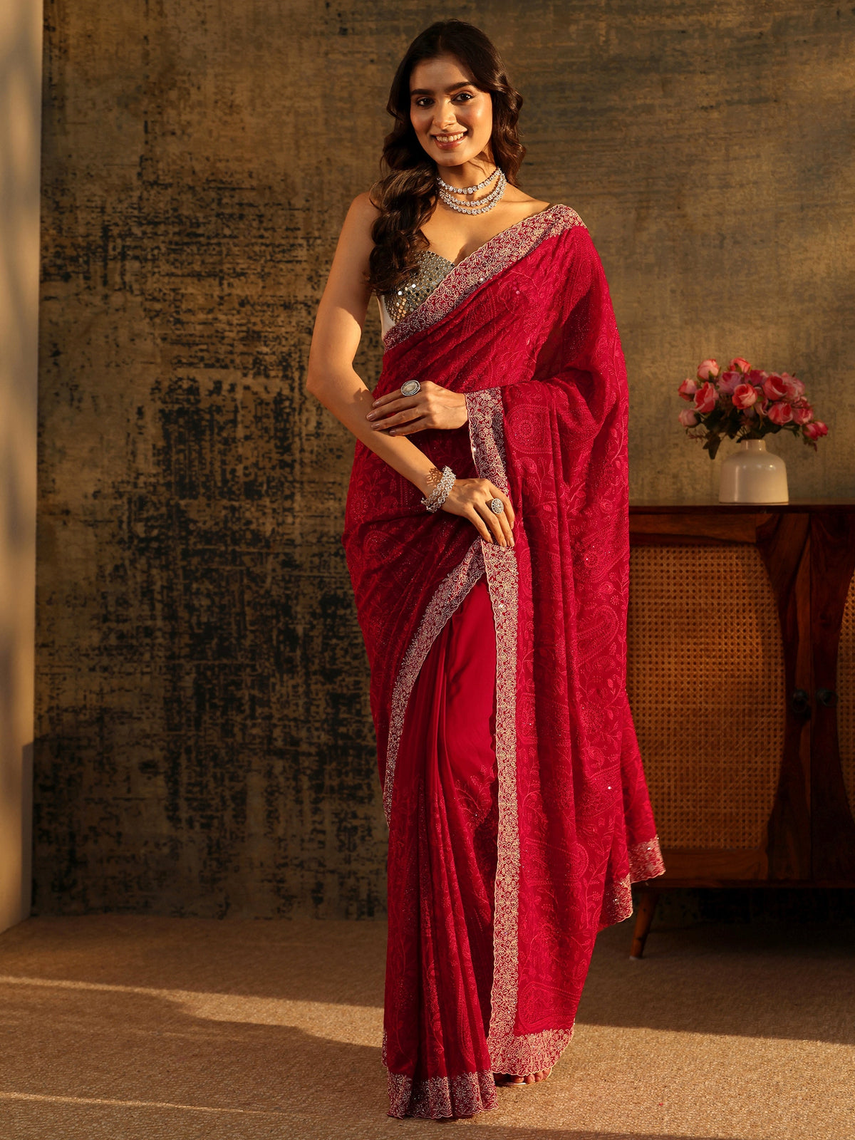 Anouk Art Ruby Red Paisley Embroidered Georgette Saree