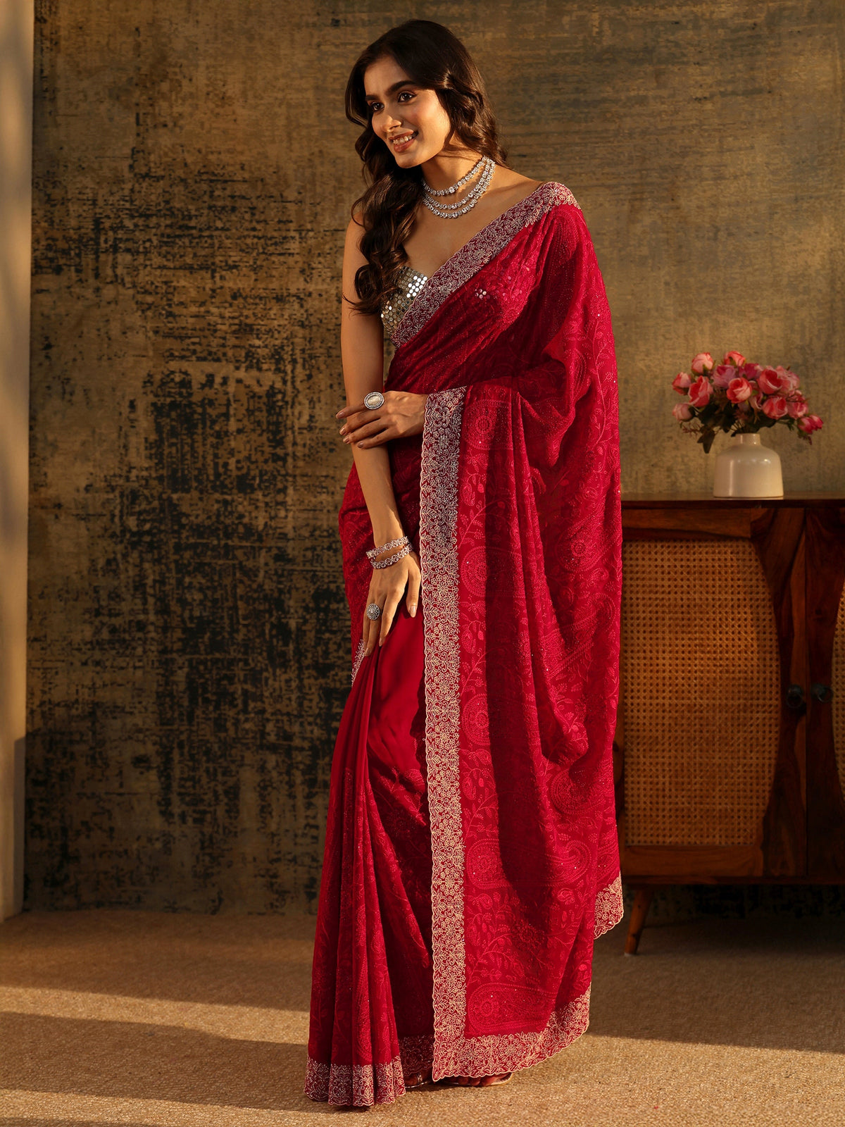 Anouk Art Ruby Red Paisley Embroidered Georgette Saree