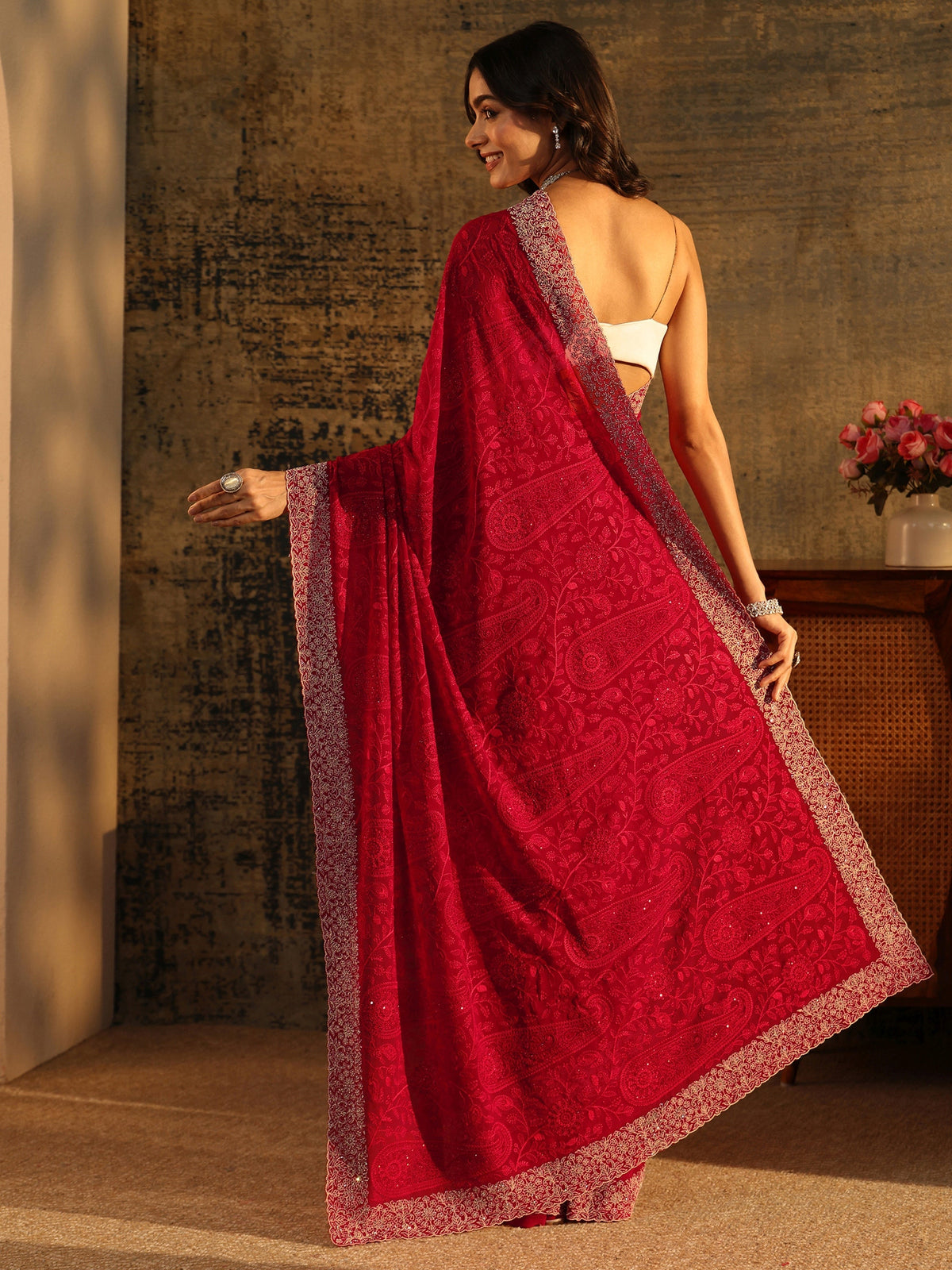 Anouk Art Ruby Red Paisley Embroidered Georgette Saree