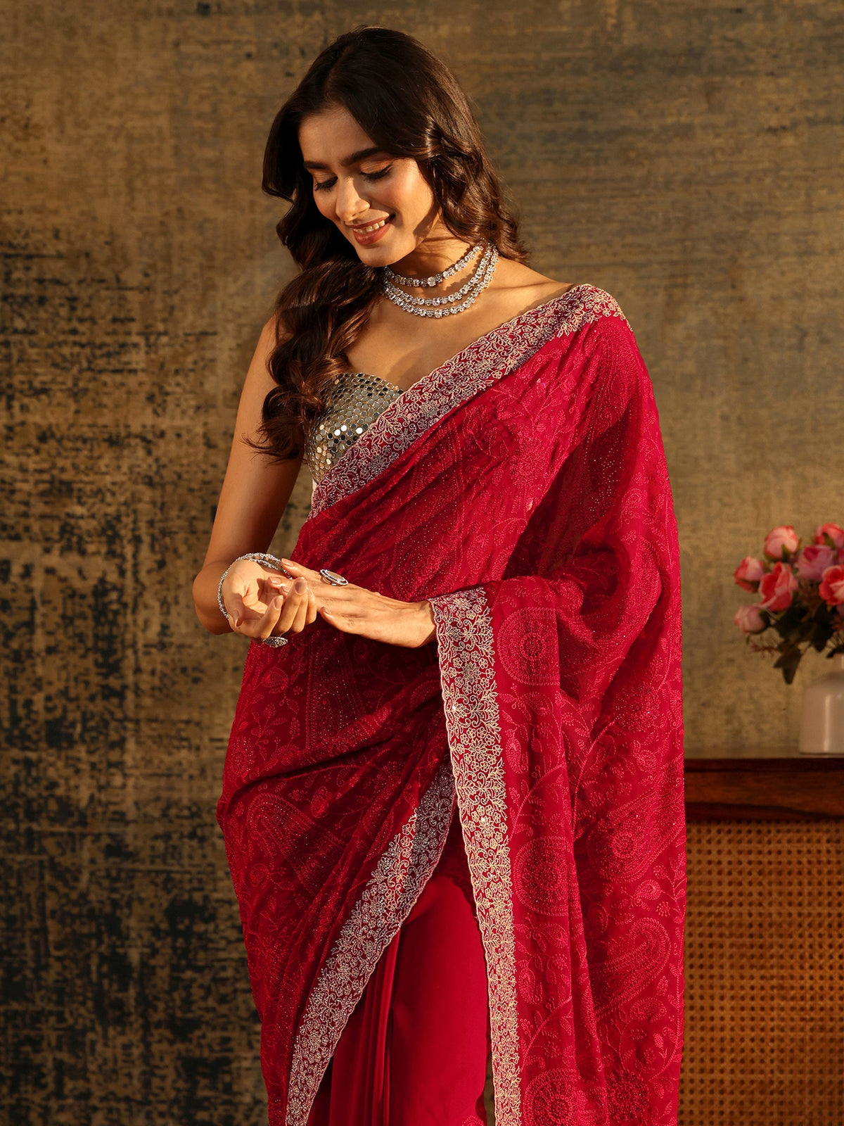 Anouk Art Ruby Red Paisley Embroidered Georgette Saree