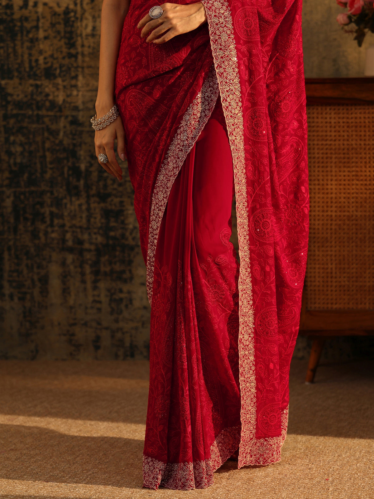 Anouk Art Ruby Red Paisley Embroidered Georgette Saree