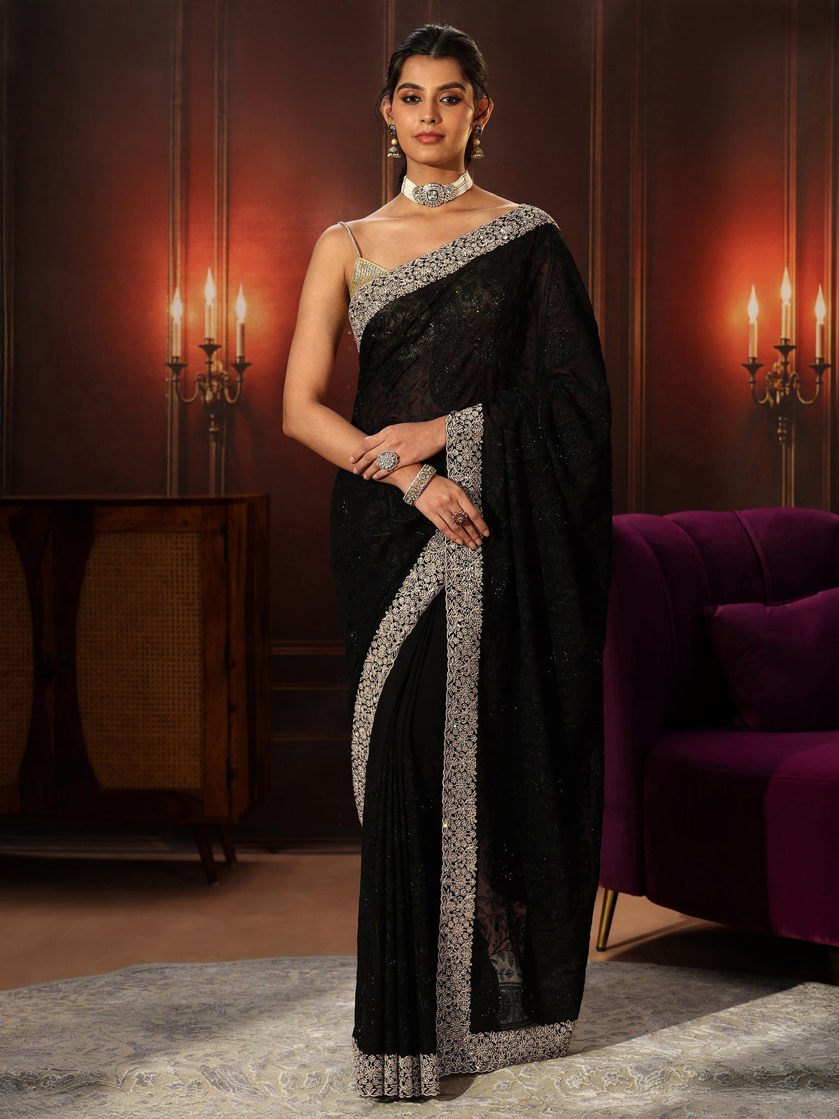 Anouk Art Black Floral Embroidered Georgette Saree