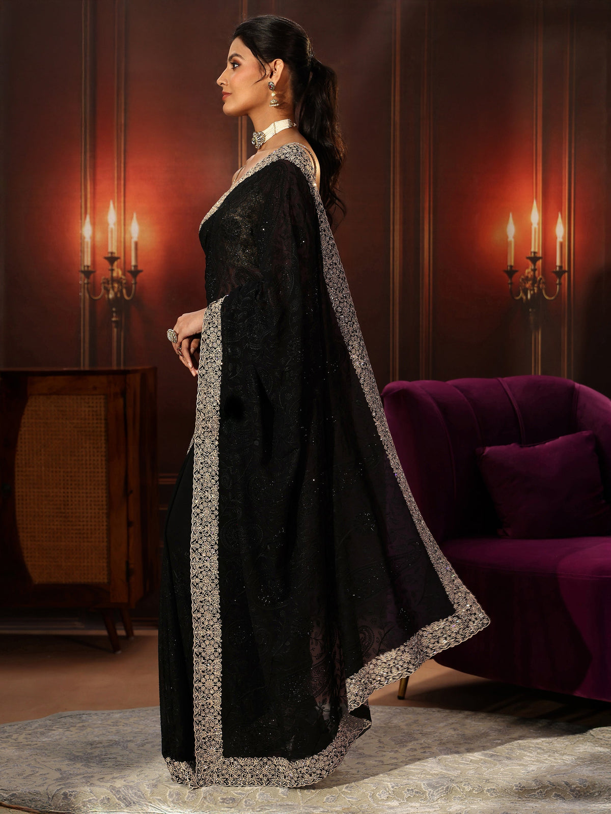 Anouk Art Black Floral Embroidered Georgette Saree
