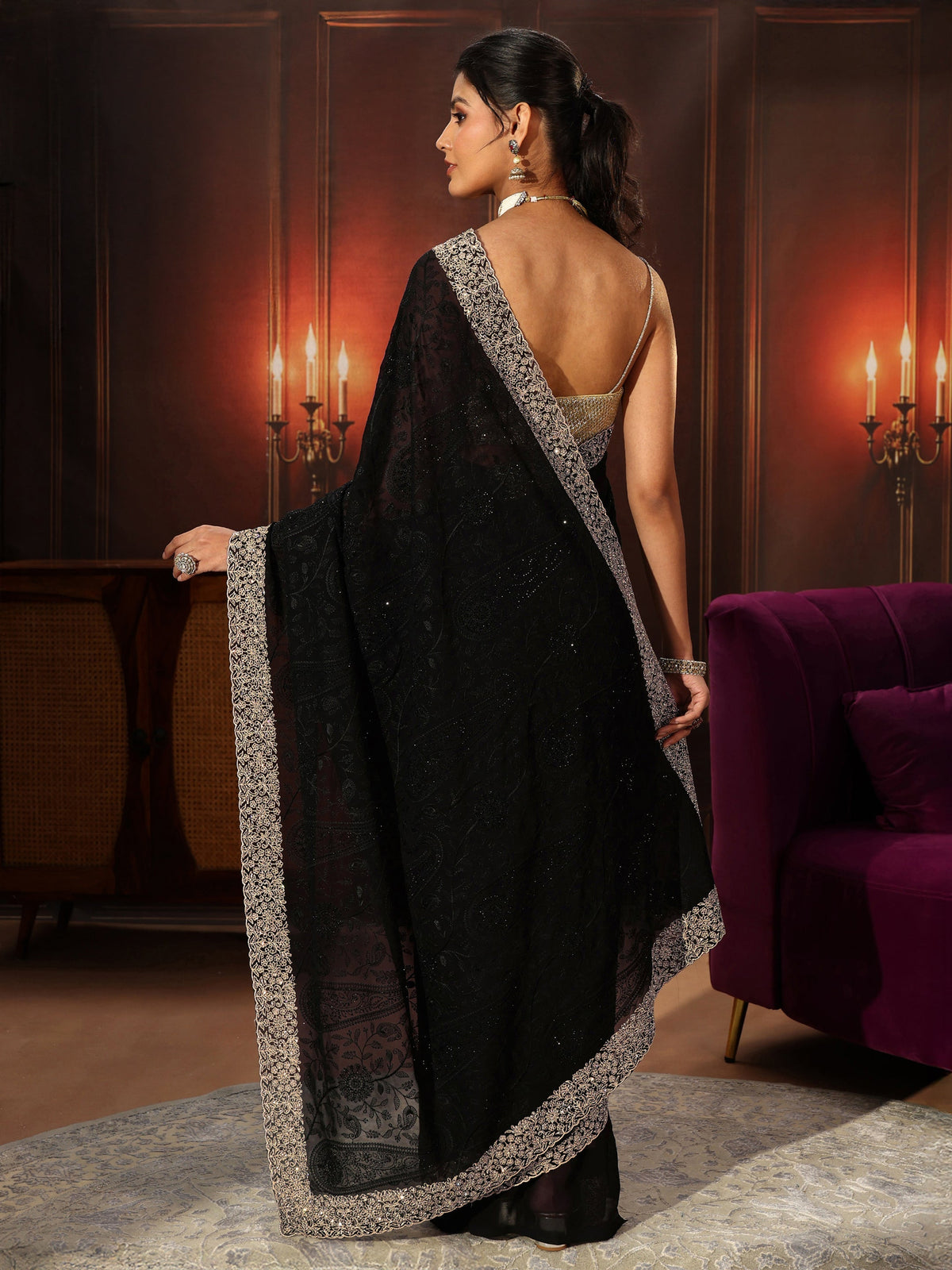 Anouk Art Black Floral Embroidered Georgette Saree
