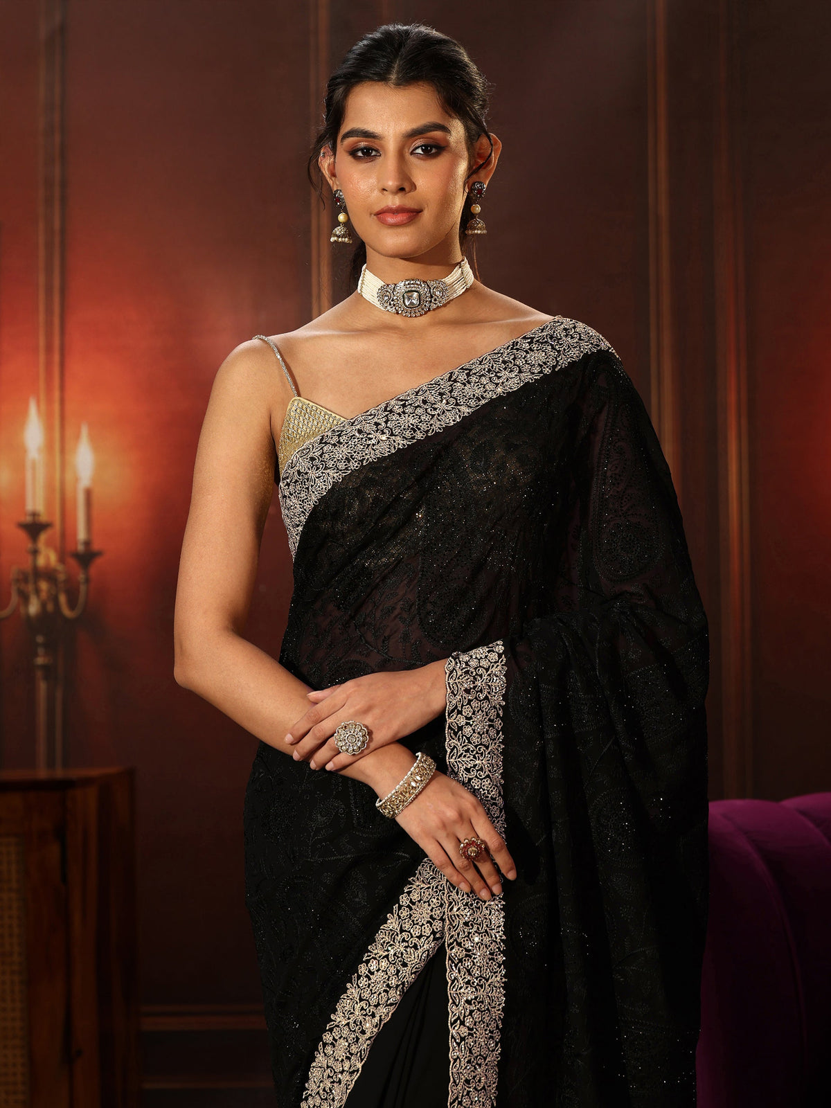 Anouk Art Black Floral Embroidered Georgette Saree