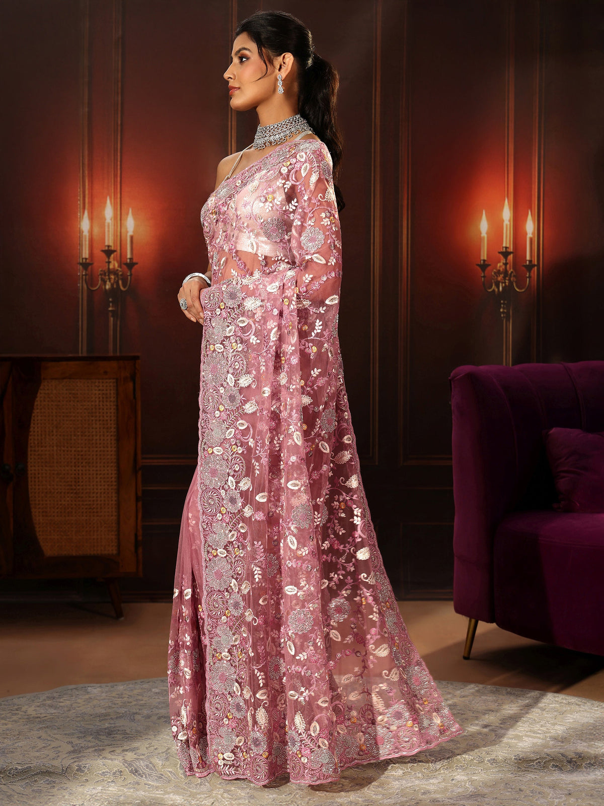 Anouk Art Blush Pink Floral Embroidered Net Saree