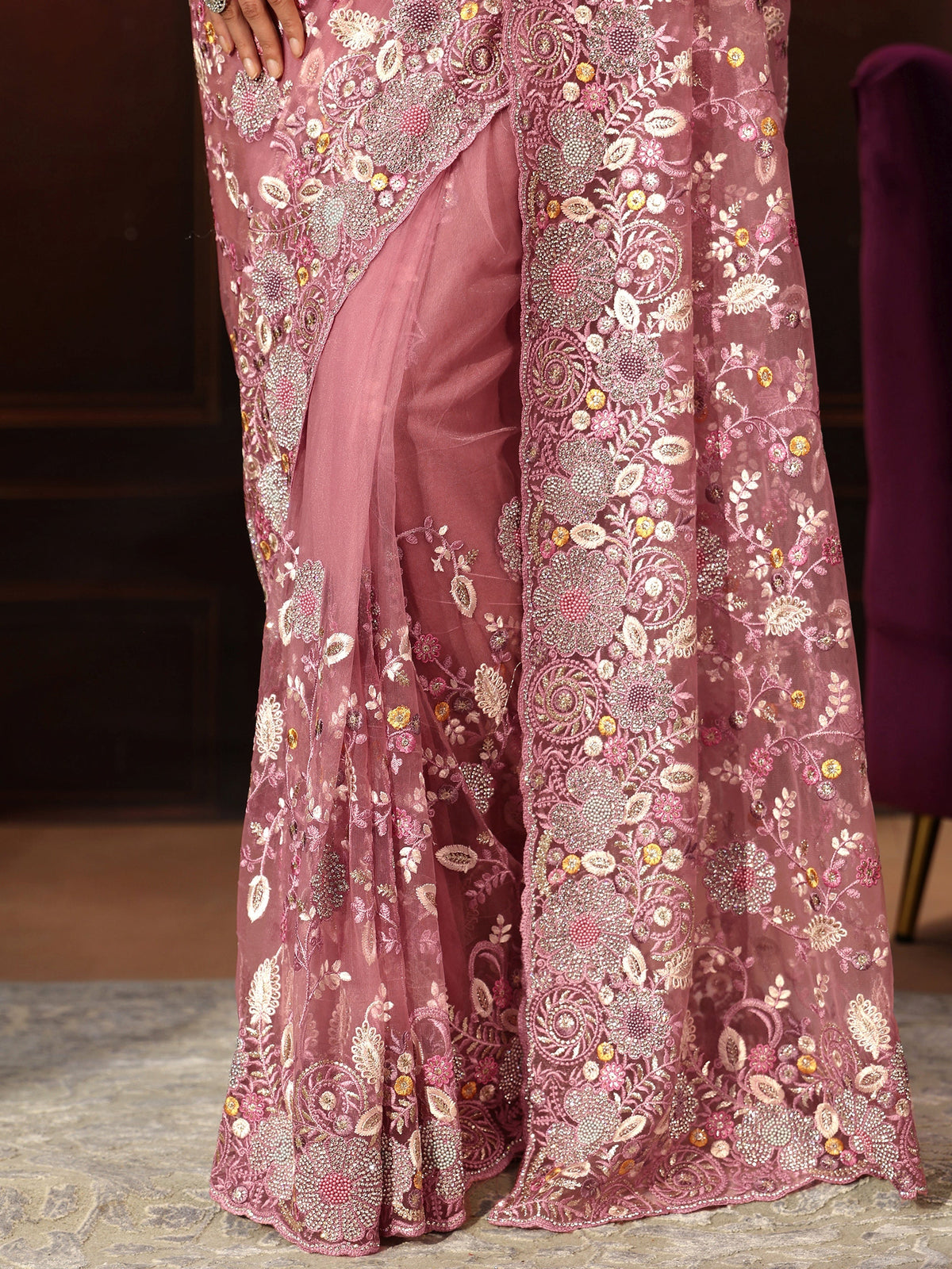 Anouk Art Blush Pink Floral Embroidered Net Saree