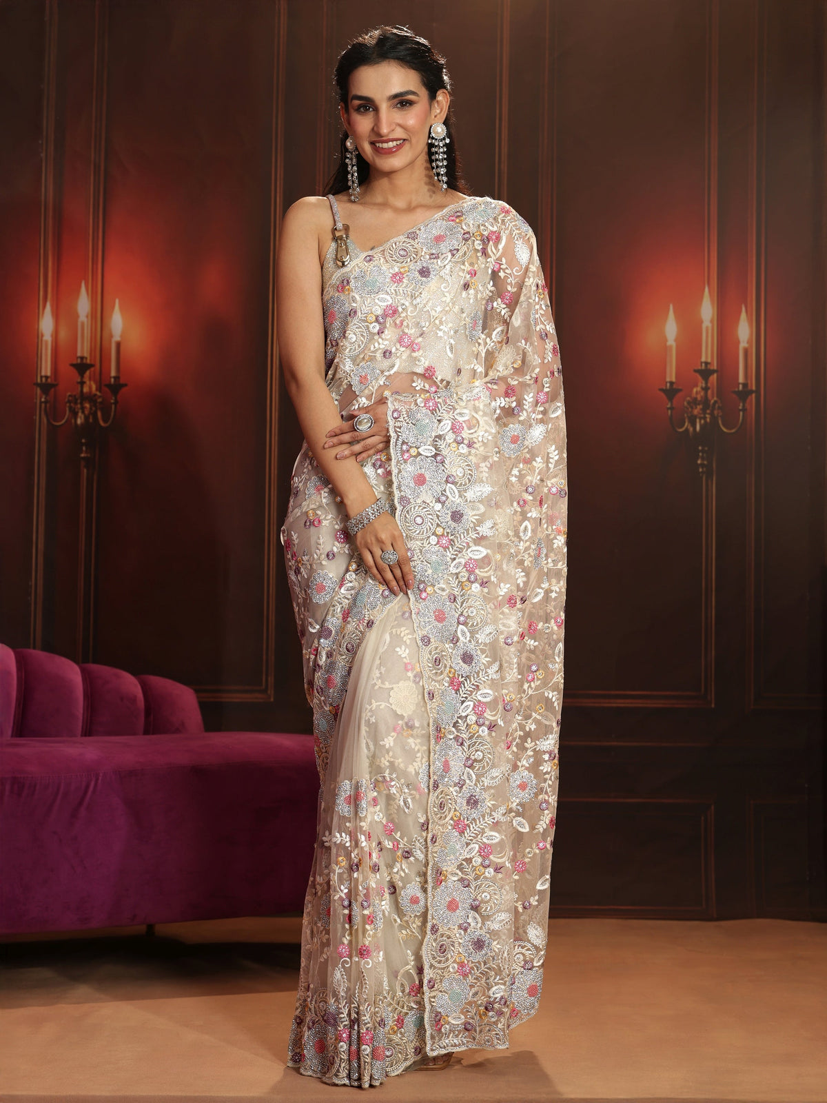 Anouk Art Cream Floral Embroidered Net Saree