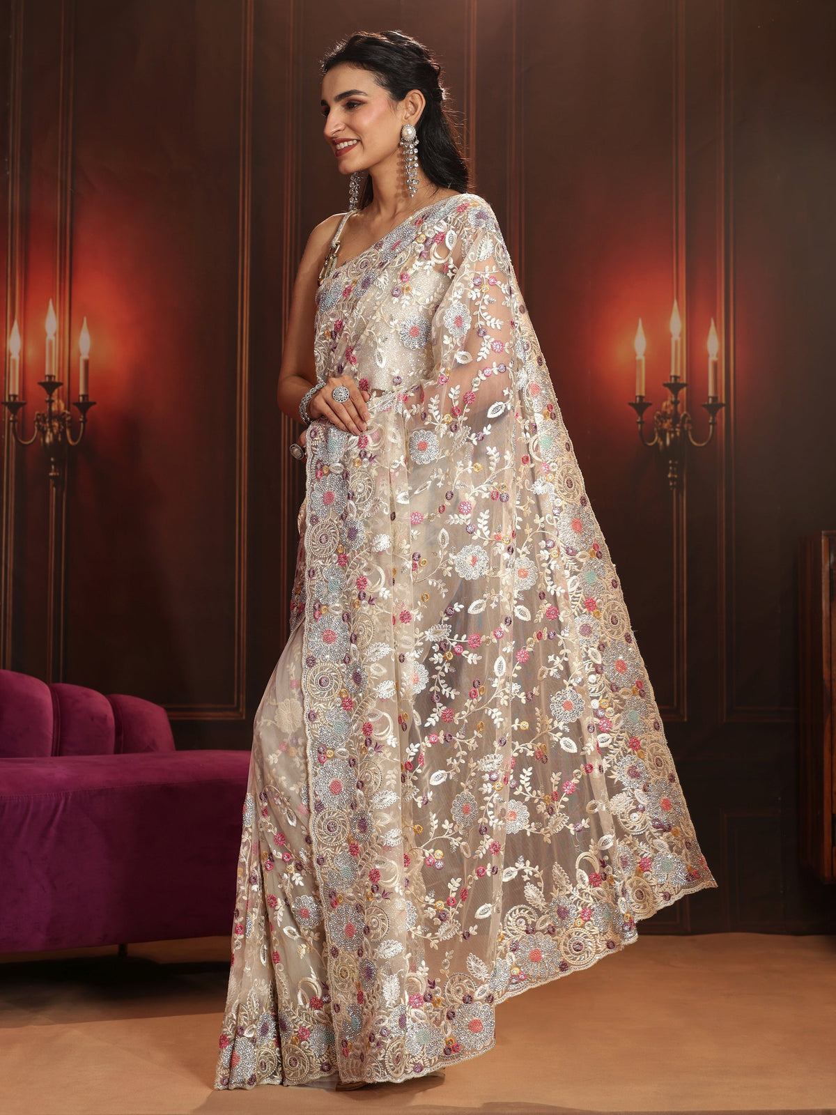 Anouk Art Cream Floral Embroidered Net Saree