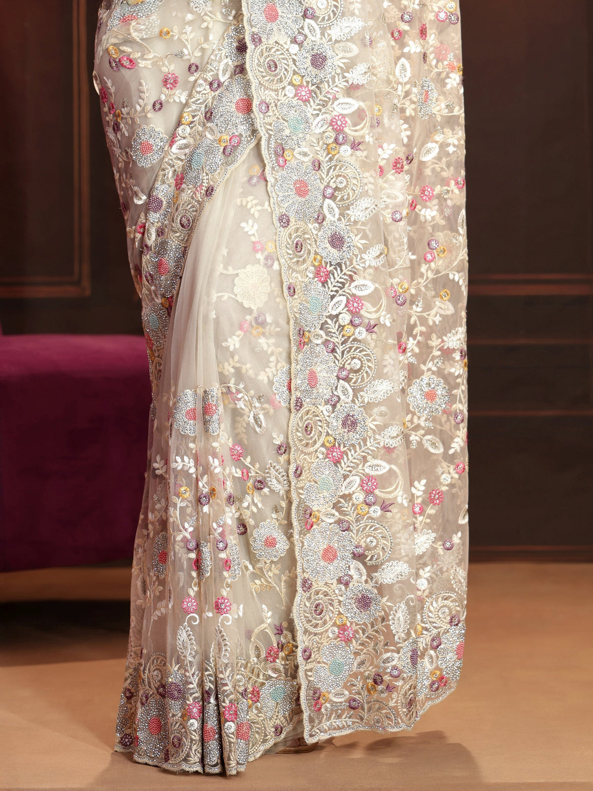 Anouk Art Cream Floral Embroidered Net Saree