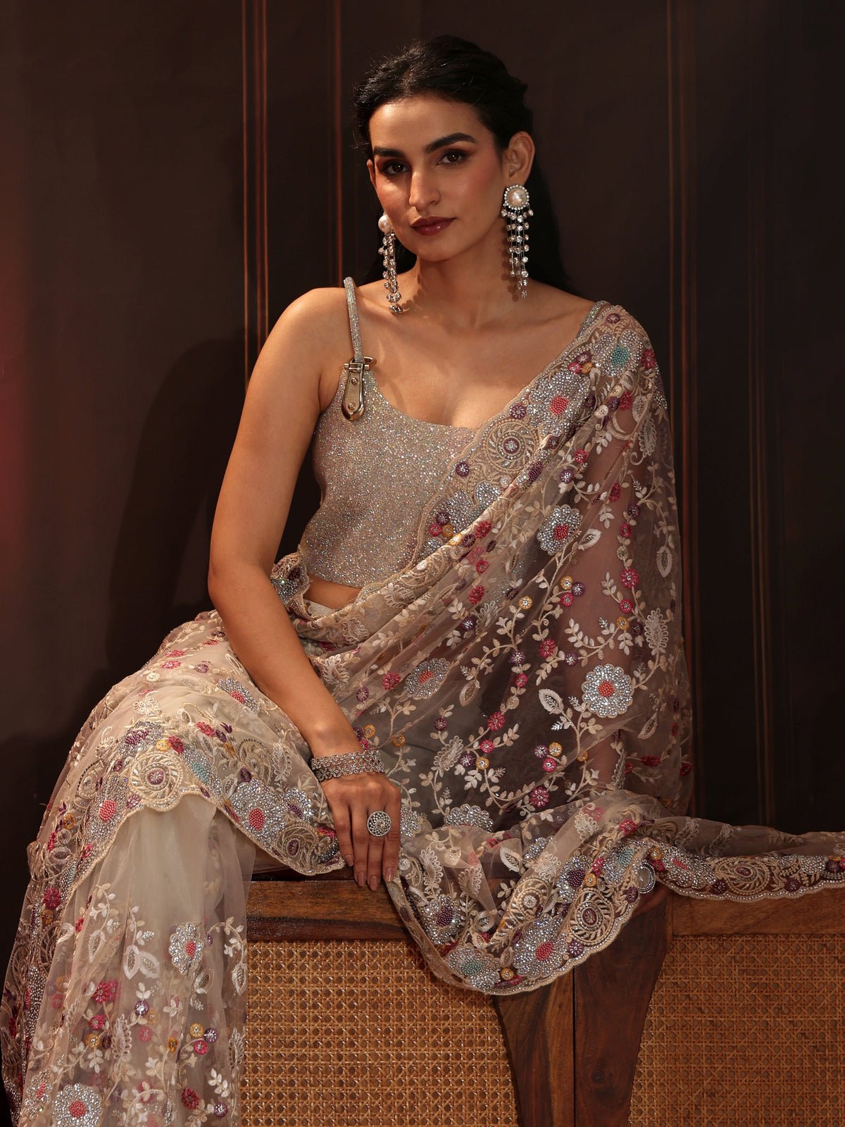 Anouk Art Cream Floral Embroidered Net Saree