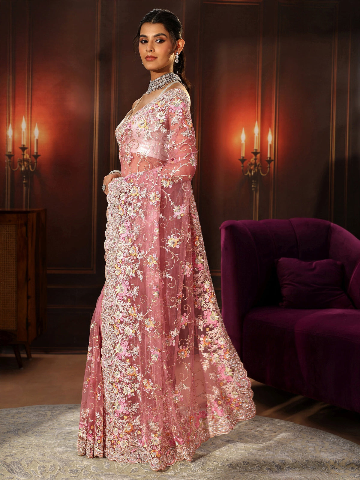 Anouk Art Blush Pink Floral Embroidered Net Saree