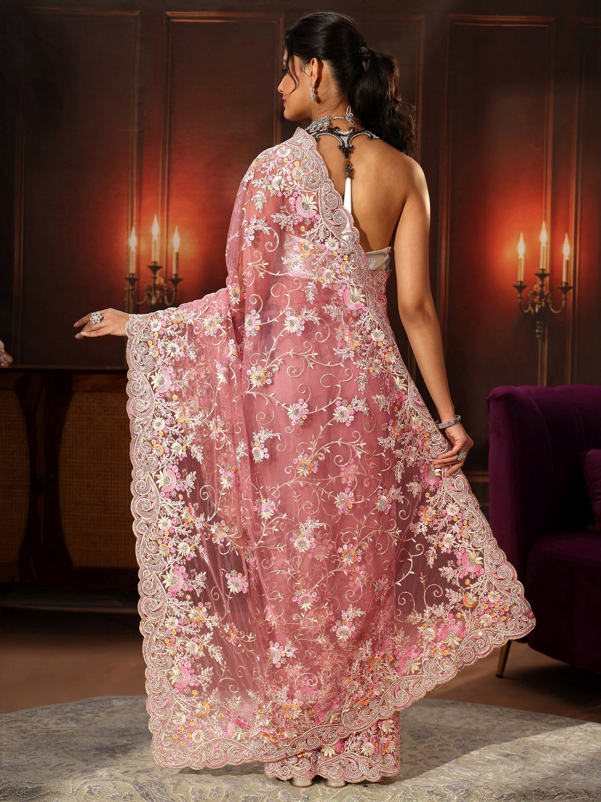 Anouk Art Blush Pink Floral Embroidered Net Saree