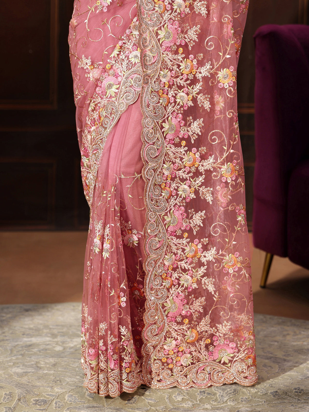 Anouk Art Blush Pink Floral Embroidered Net Saree