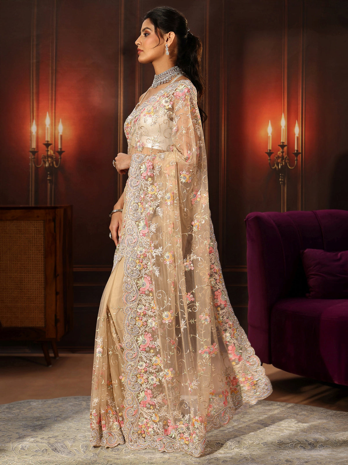 Anouk Art Beige Floral Embroidered Net Saree