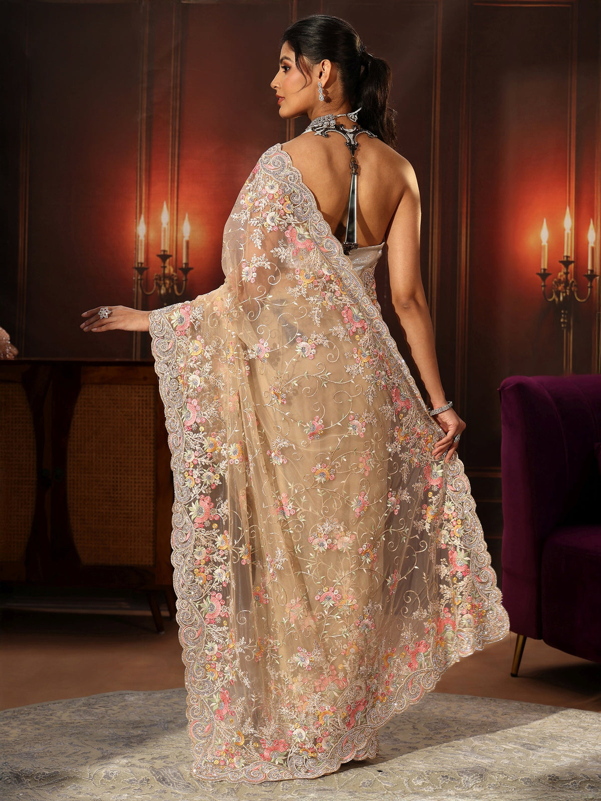 Anouk Art Beige Floral Embroidered Net Saree