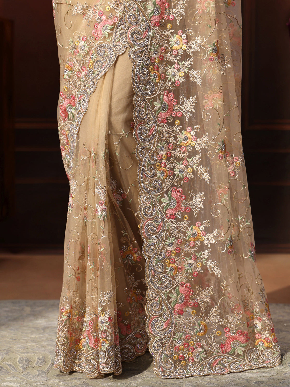 Anouk Art Beige Floral Embroidered Net Saree
