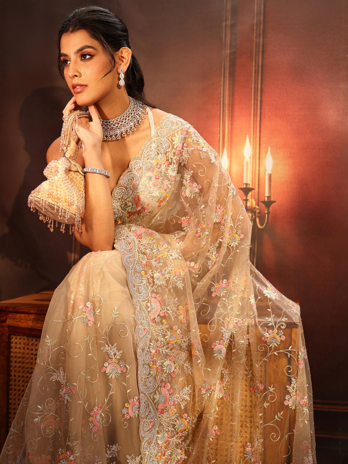 Anouk Art Beige Floral Embroidered Net Saree