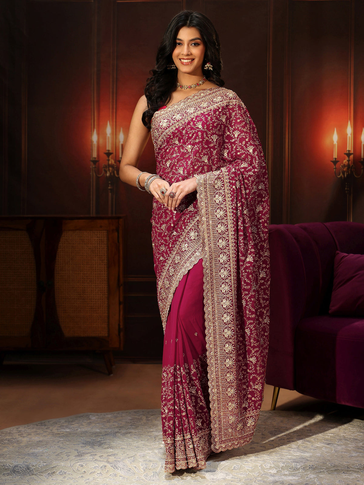 Anouk Art Magenta Pink Floral Embroidered Georgette Saree