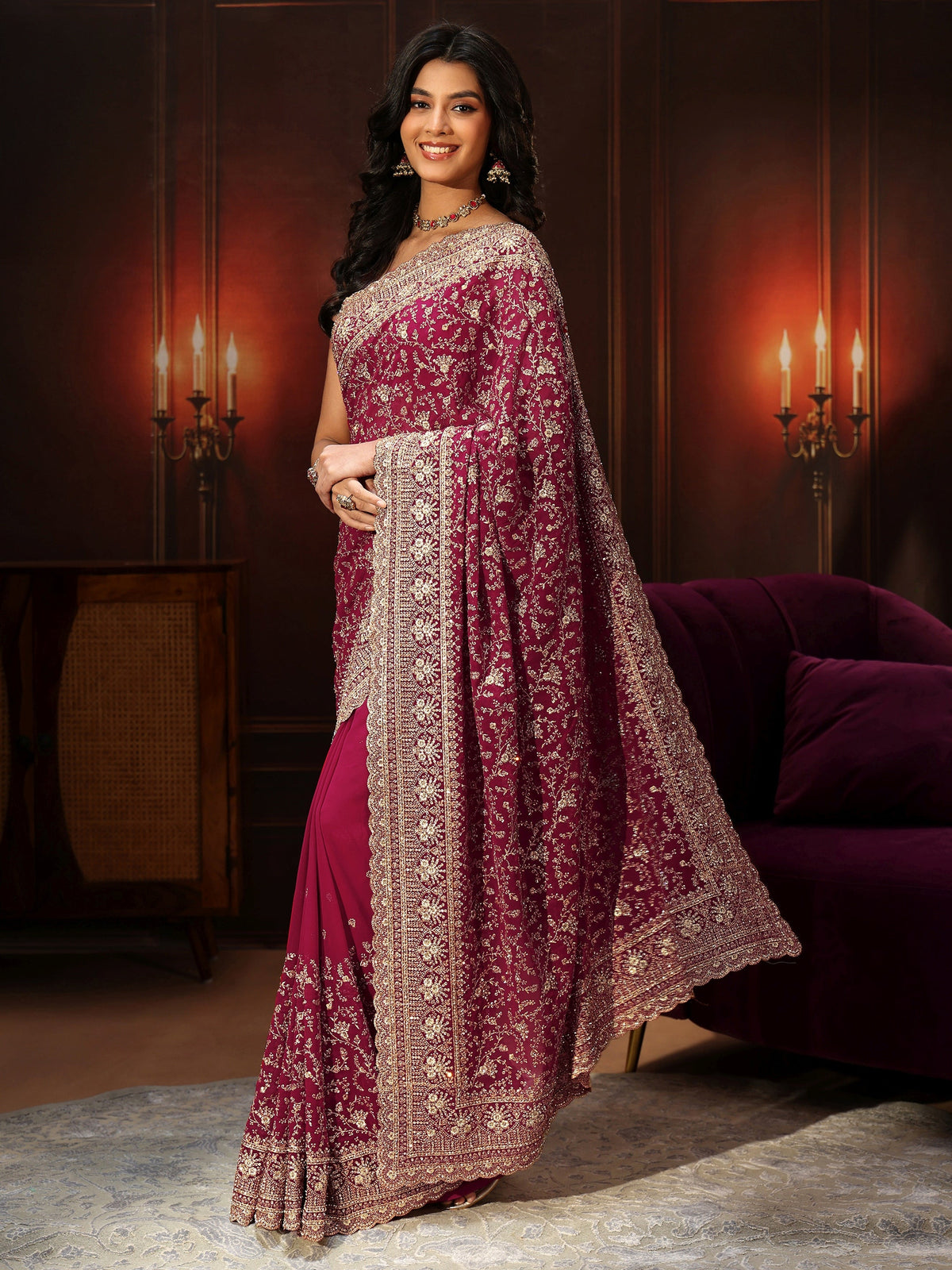 Anouk Art Magenta Pink Floral Embroidered Georgette Saree