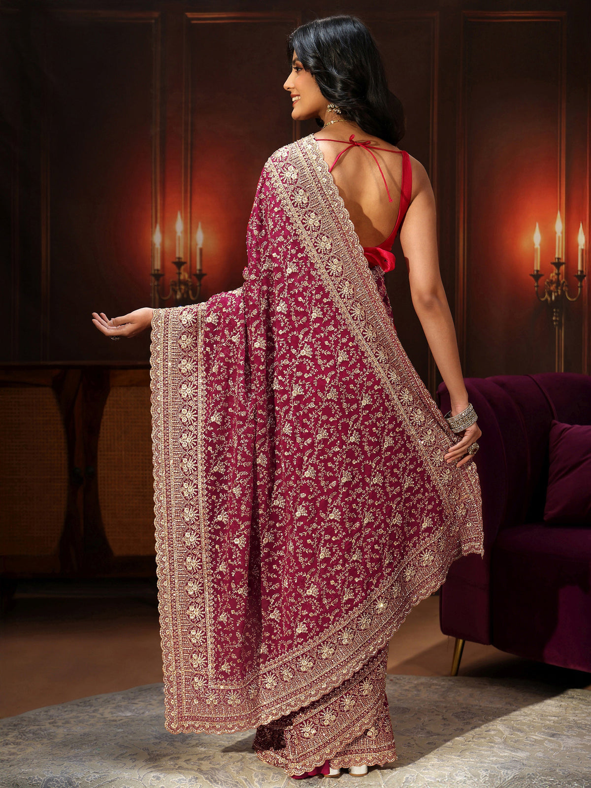 Anouk Art Magenta Pink Floral Embroidered Georgette Saree
