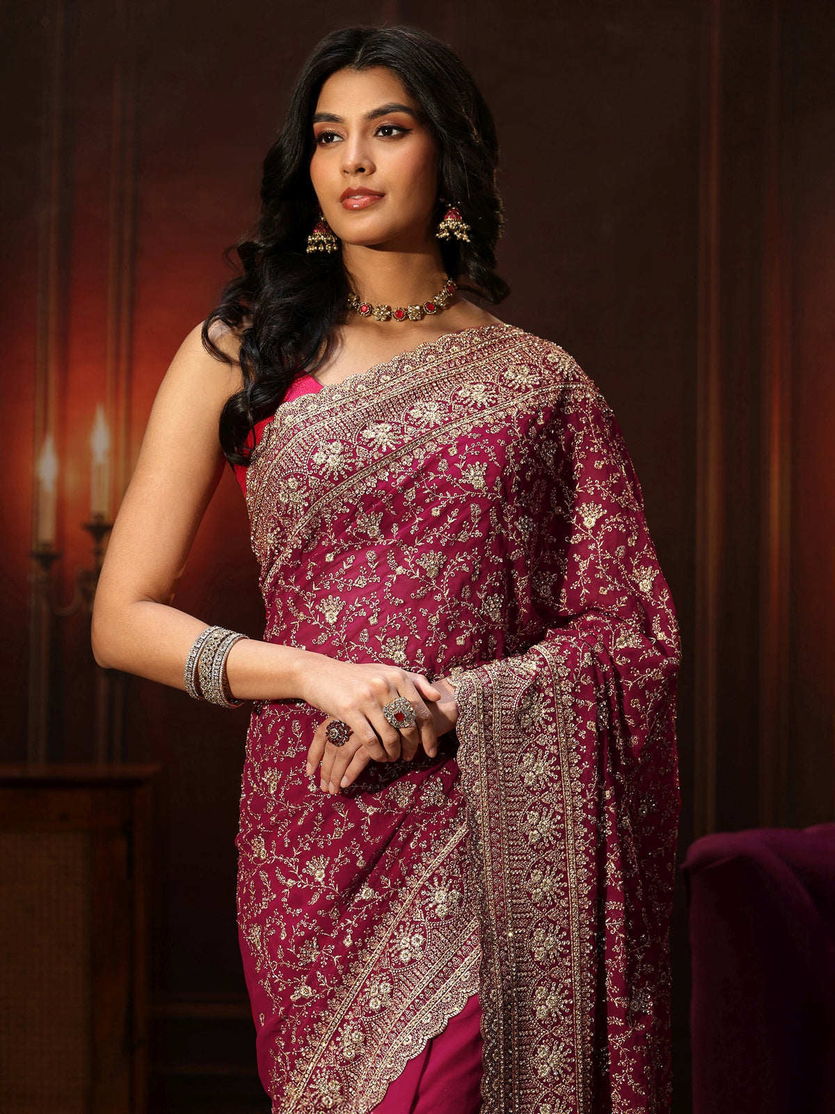 Anouk Art Magenta Pink Floral Embroidered Georgette Saree