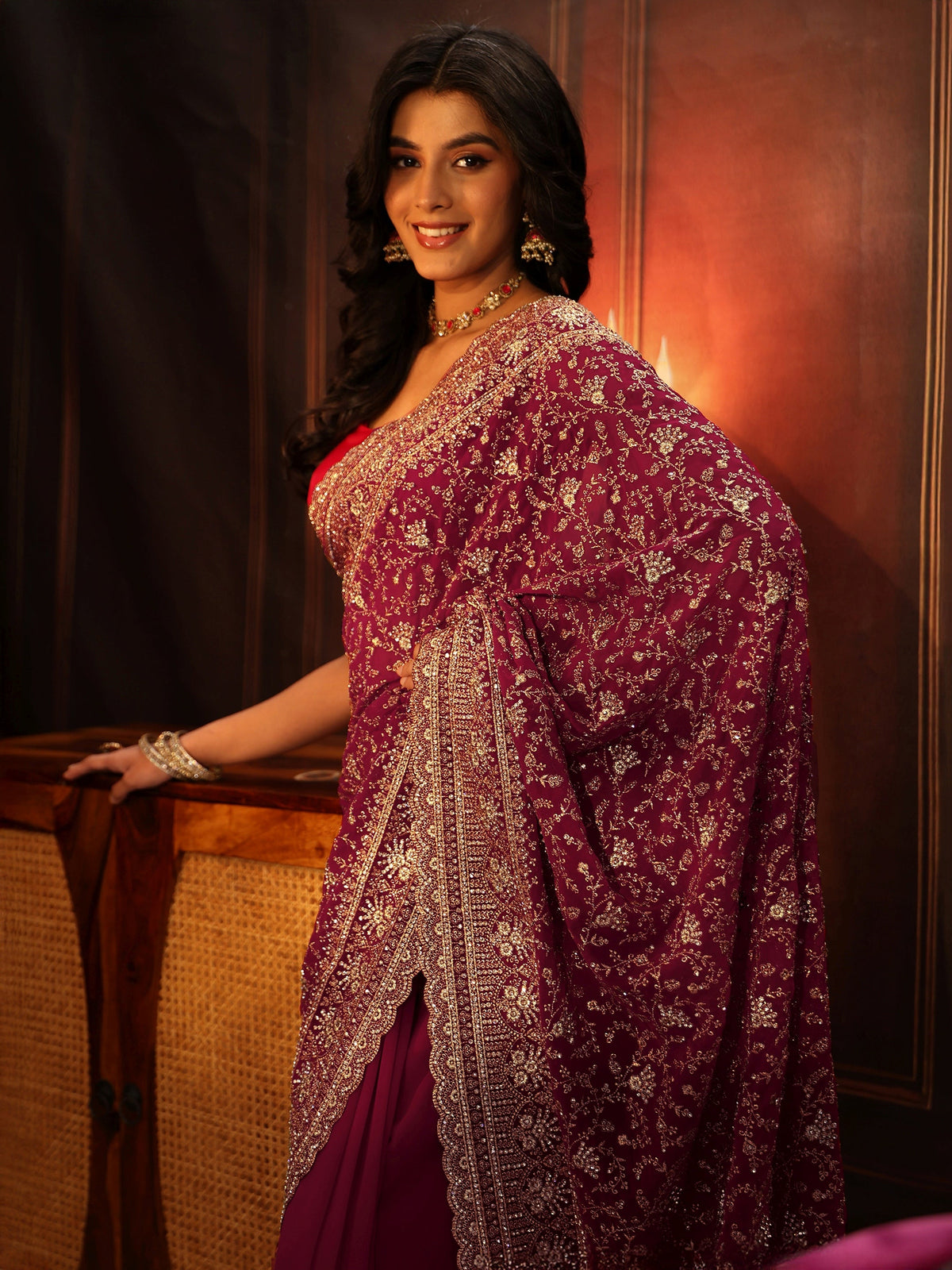 Anouk Art Magenta Pink Floral Embroidered Georgette Saree