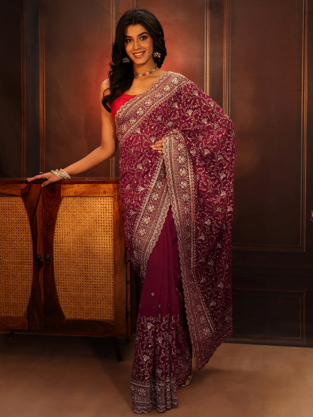 Anouk Art Magenta Pink Floral Embroidered Georgette Saree