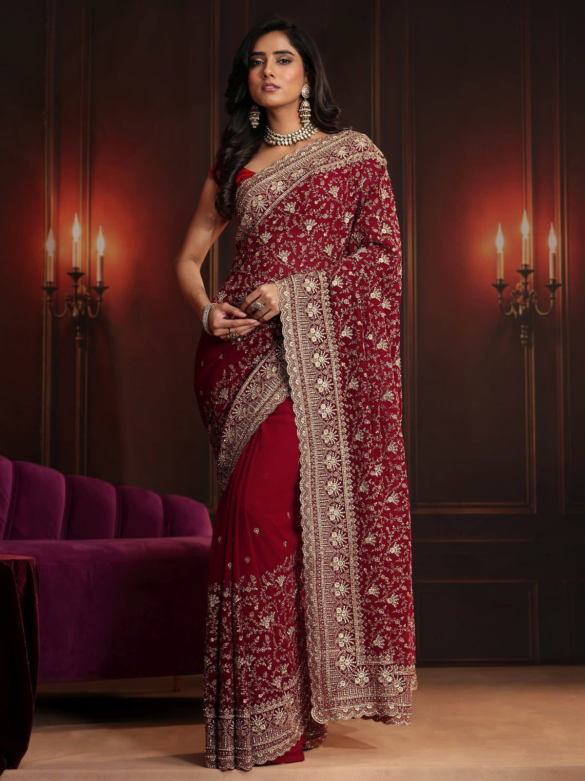 Anouk Art Deep Maroon Red Embroidered Georgette Saree
