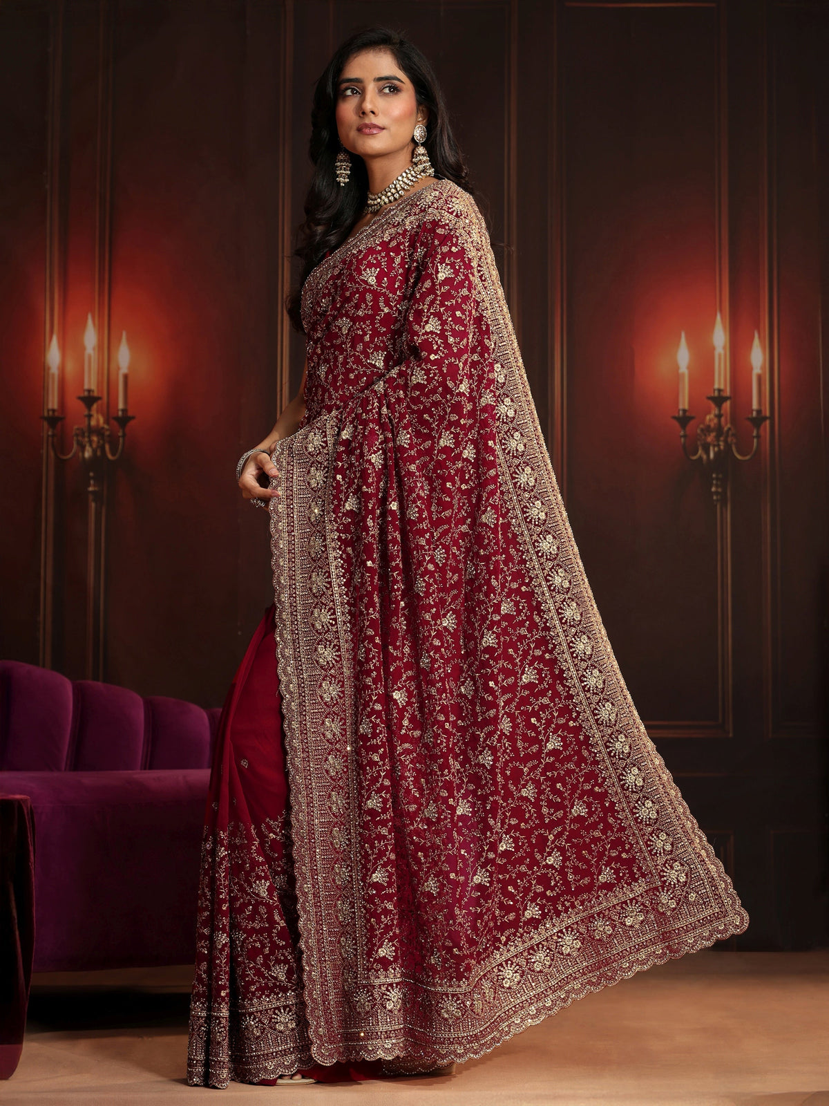 Anouk Art Deep Maroon Red Embroidered Georgette Saree